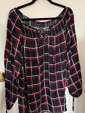 Addition Elle Love & Legend Black Plaid Lace-Up Peasant Blouse